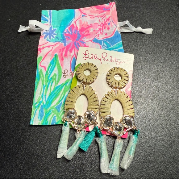Lilly Pulitzer Party All The Tide Earrings Maldives Green Rhinestones Tassels - Picture 2 of 6